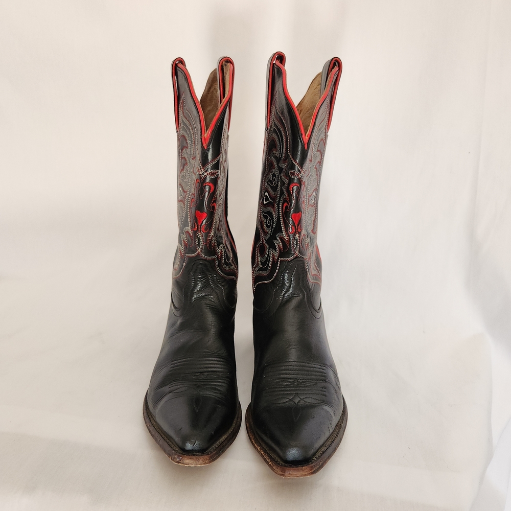 Tony Lama Black and Red Western Heeled Cowboy Boots - Picture 2 of 8